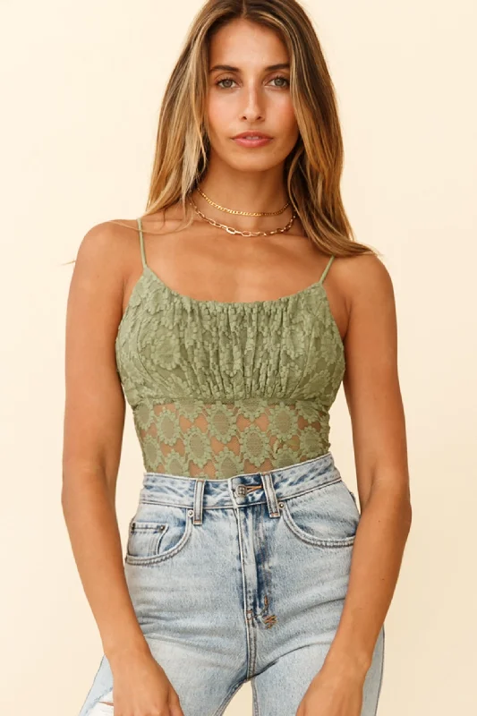 Dirty Dancing Ruched Bust Low-Back Lace Bodysuit Avocado Hip Women's Retro