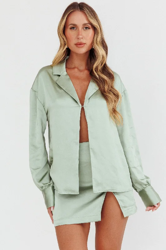 Coco Long Sleeve Satin Shirt Sage Earthy Women's 