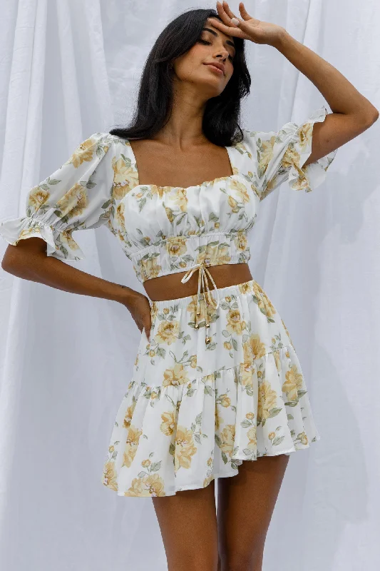 Lilibet Puff Sleeve Drawstring Crop Top Floral White European