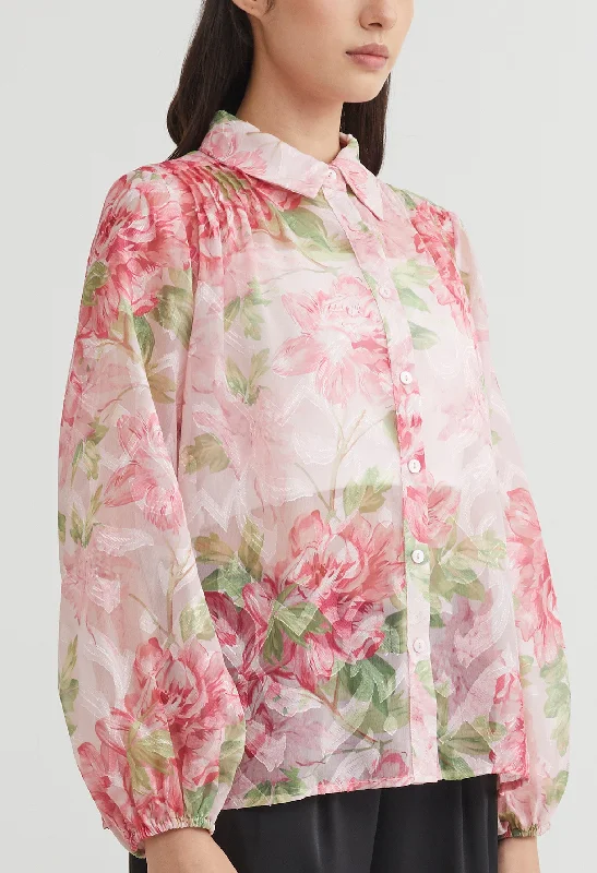 Floral Shimmer Chiffon Blouse Sophisticated Women's Tailored