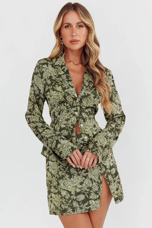 Caledonia Collared Button-Up Satin Shirt Floral Olive Monochromatic All - in - one