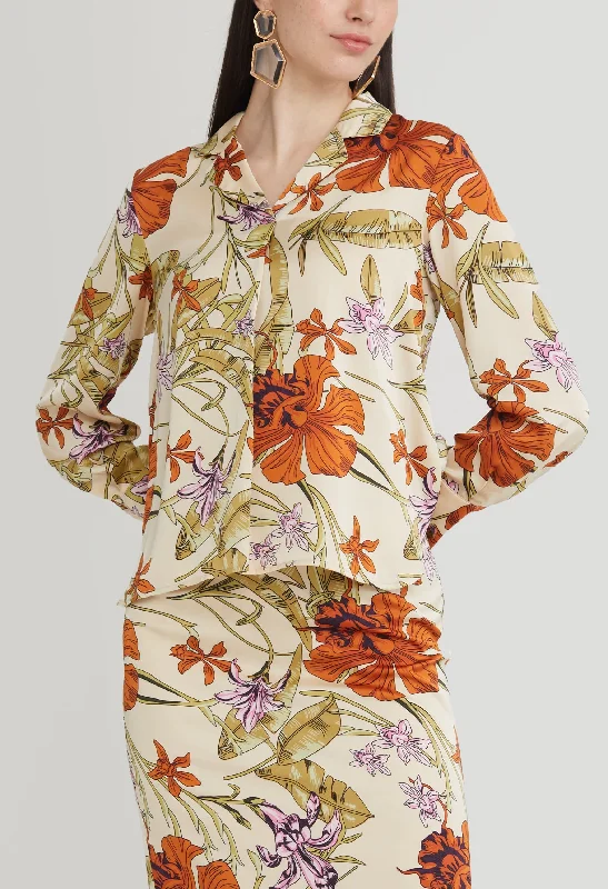 Ceria Floral Satin Button Up Blouse Modern Women's Tech
