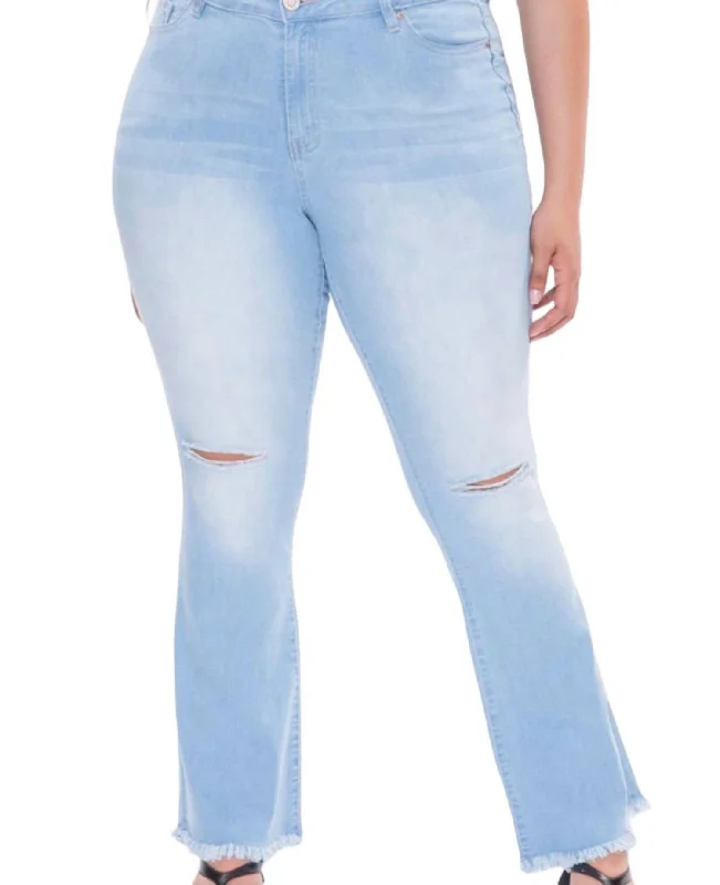 Single Button High Rise Super Flare Jeans In Light Blue Rips