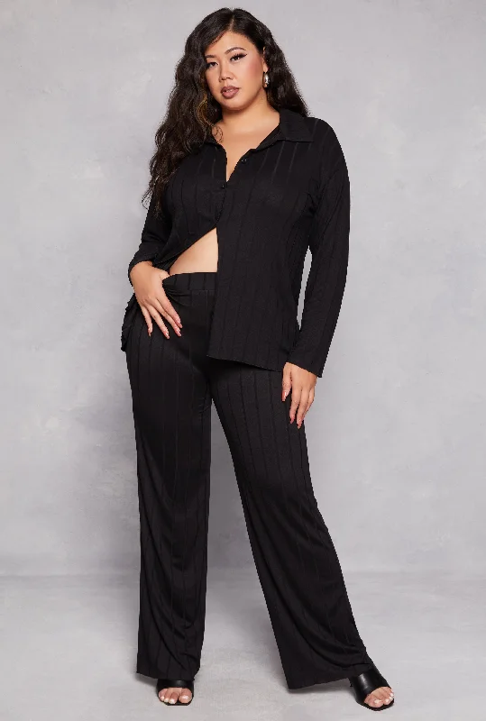 Plus Size Ribbed High Waisted Palazzo Pants