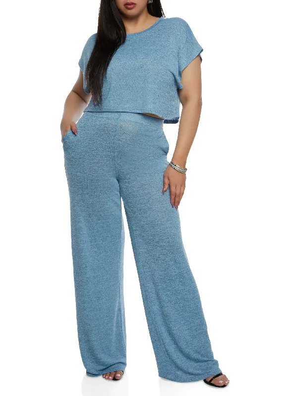 Plus Size Daisy Brushed Knit High Waist Wide Leg Pants