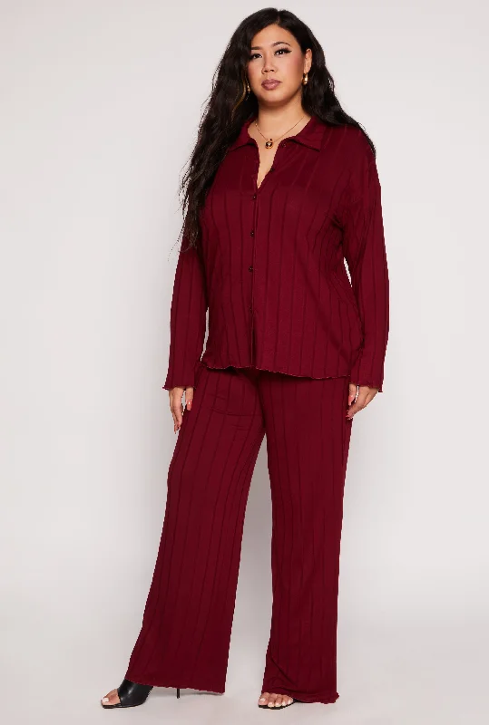 Plus Size Ribbed High Waisted Palazzo Pants