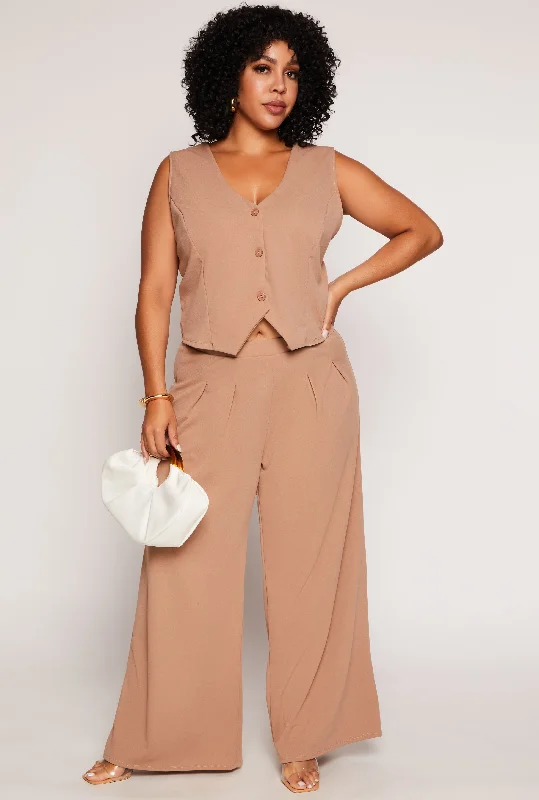 Plus Size High Waist Wide Leg Dress Pants Monochromatic Office Style