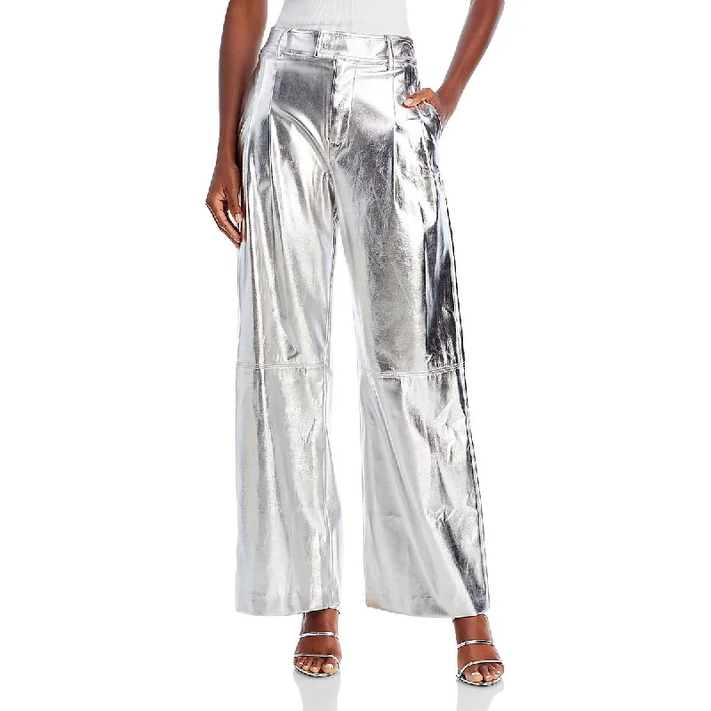 Line & Dot Womens Tinsley Metallic Faux Leather Wide Leg Pants Disco
