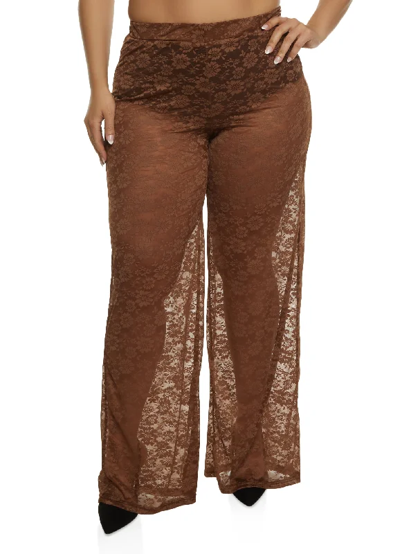Plus Size Floral Lace Wide Leg Pants Sophisticated Women's Tailored