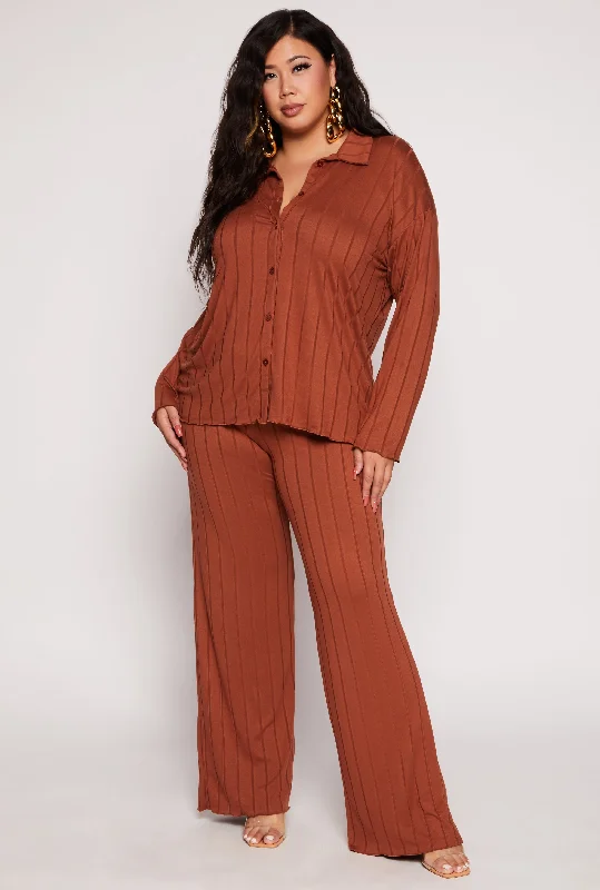 Plus Size Ribbed High Waisted Palazzo Pants Cool Women's Distressed