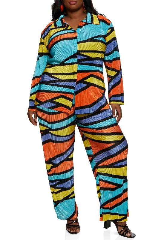 Plus Size Plisse Printed Wide Leg Pants Elegant Women's 