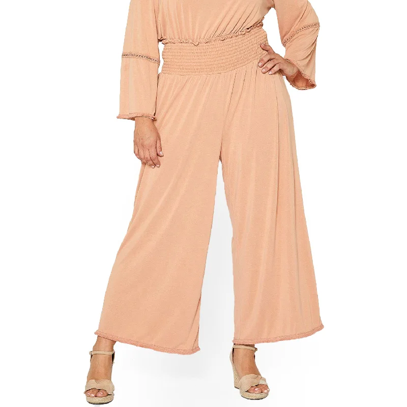 Plus Size Smocked Waist Wide Leg Palazzo Pants in Apricot