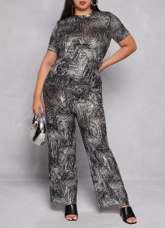 Plus Size Patterned Foil Screen Wide Leg Pants