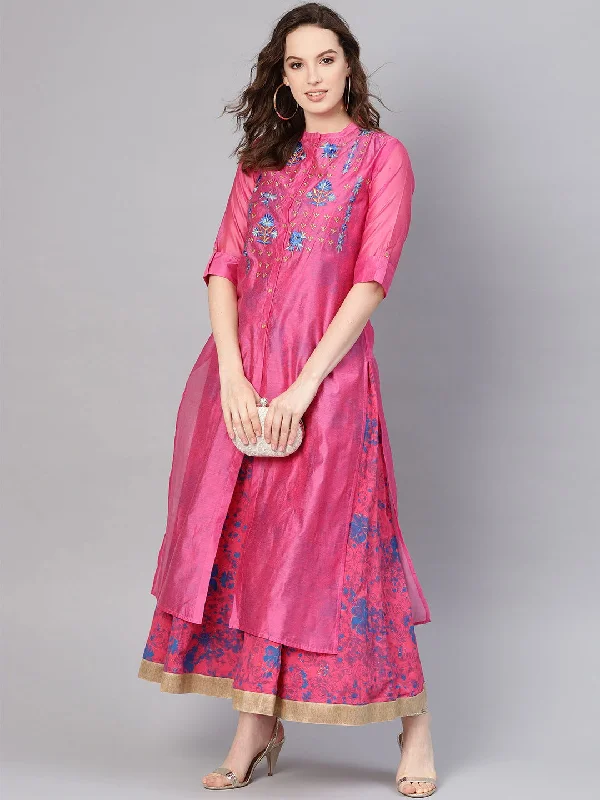 Juniper Fuchsia Chanderi Ethnic Motif Printed Layered Maxi Dress With Thread Work Embroidery