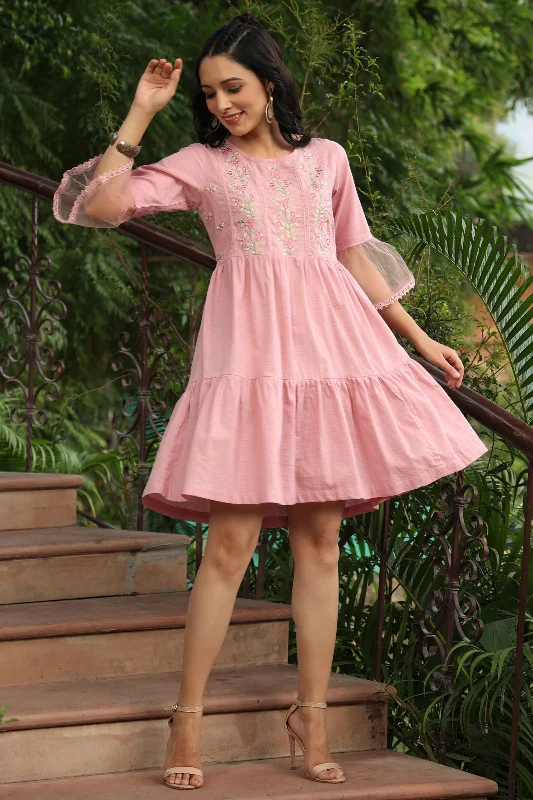 Juniper Blush Pink Floral Printed Cotton Slub Tiered Short Dress With Thread Work Embroidery Street