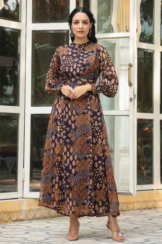 Juniper Black Ethnic Motif Printed Chiffon Flared Maxi Dress With Buttons.