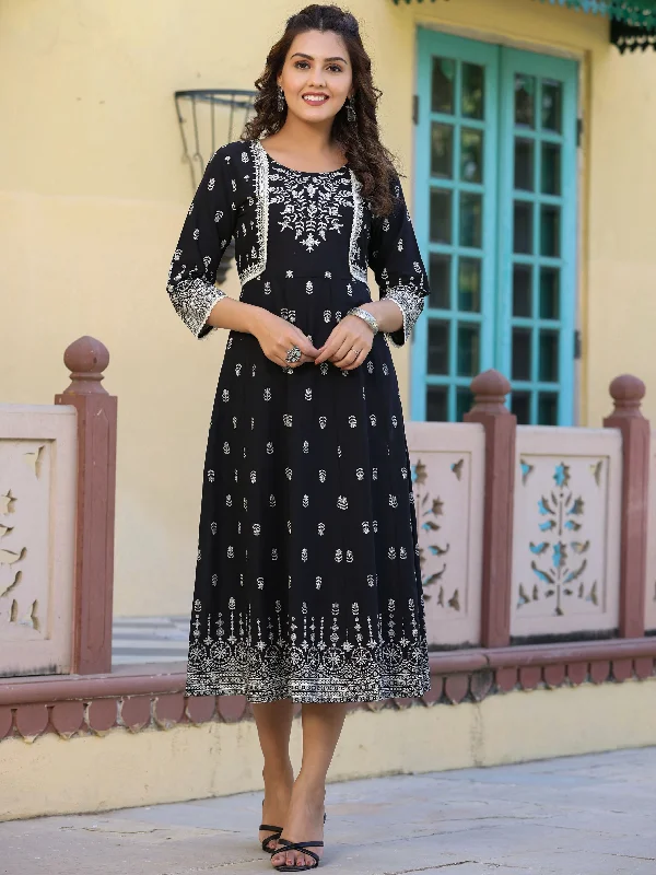 Juniper Women's Black Cambric Printed Anarkali Flared Dress