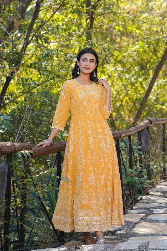 Juniper Yellow Floral Printed Georgette Maxi Dress With Beads Kantha Work & Sequins At Neckline Elegant Women's Formal 