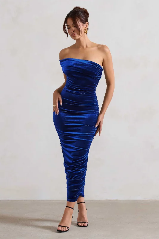 Remember Me | Cobalt Blue Velvet One Shoulder Midi Dress