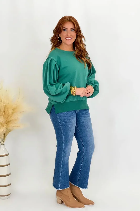 Forest Green Loose Fit Bubble Long Sleeve Top