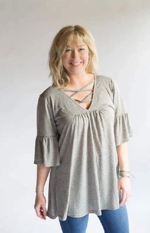 Grey Criss Cross Bell Sleeve Tunic