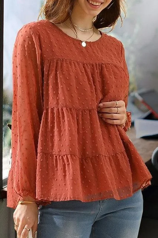 SMALL DOT PATTERN LACED RUFFLE TUNIC TOP