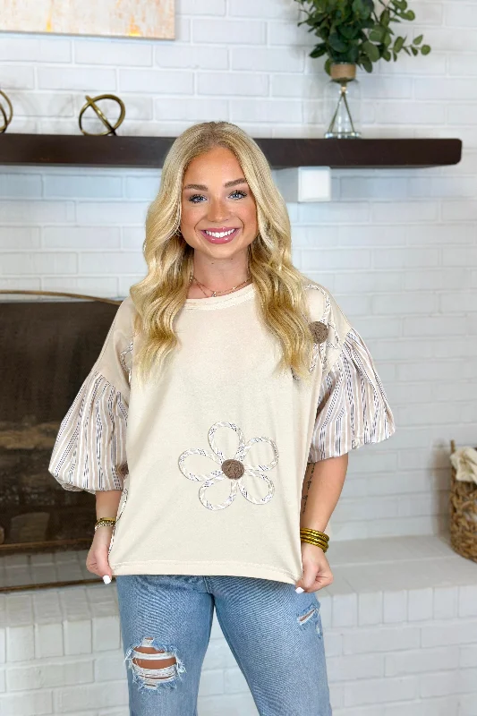 Taupe Flower Embroidery Bubble Sleeve Top *Final Sale*