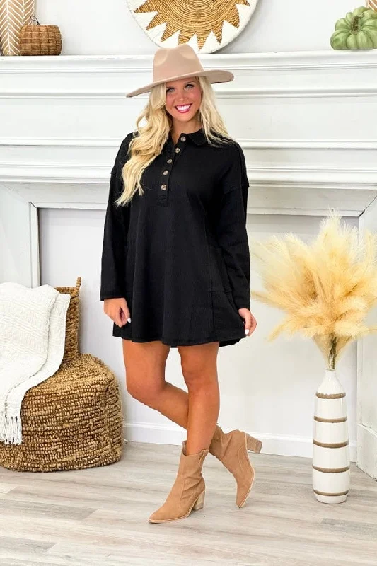 Black Textured Long Sleeve Button Dress performance