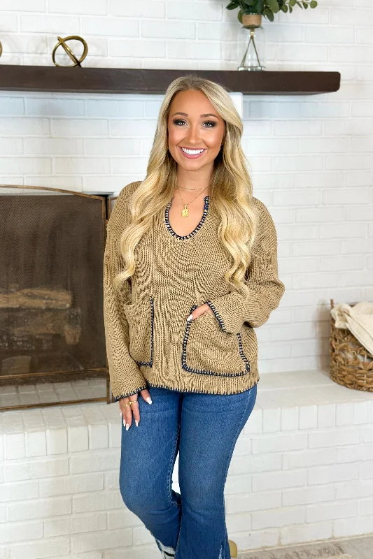 Taupe and Navy V-Neck Pocket Sweater