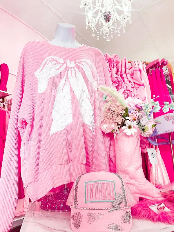 PRE-ORDER Pink Big BOW Ribbed Oversized Sweatshirt