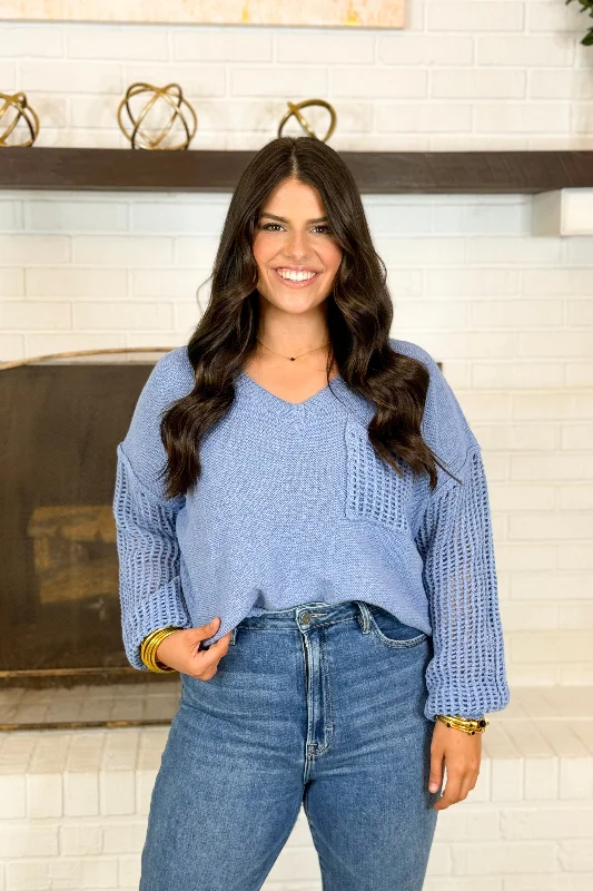 Denim Open Knit Long Sleeve Sweater Top Sleek Women's 